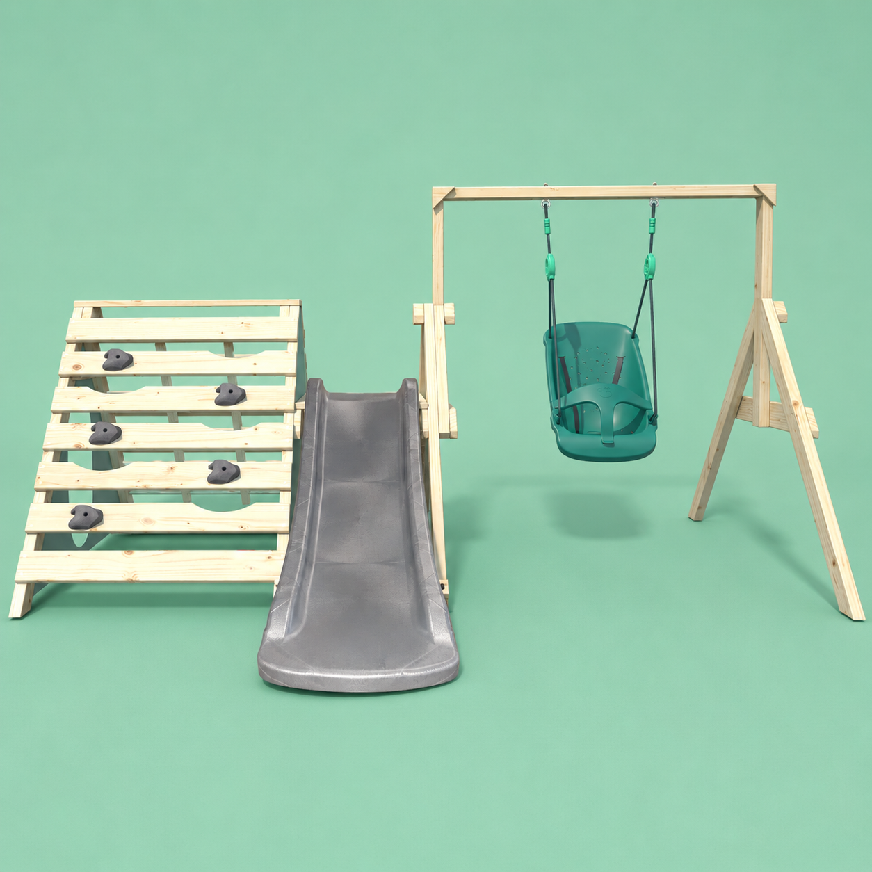 Aire de jeux OLYMPE, vue zoom avec mur d'escalade, toboggan et balançoire bébé